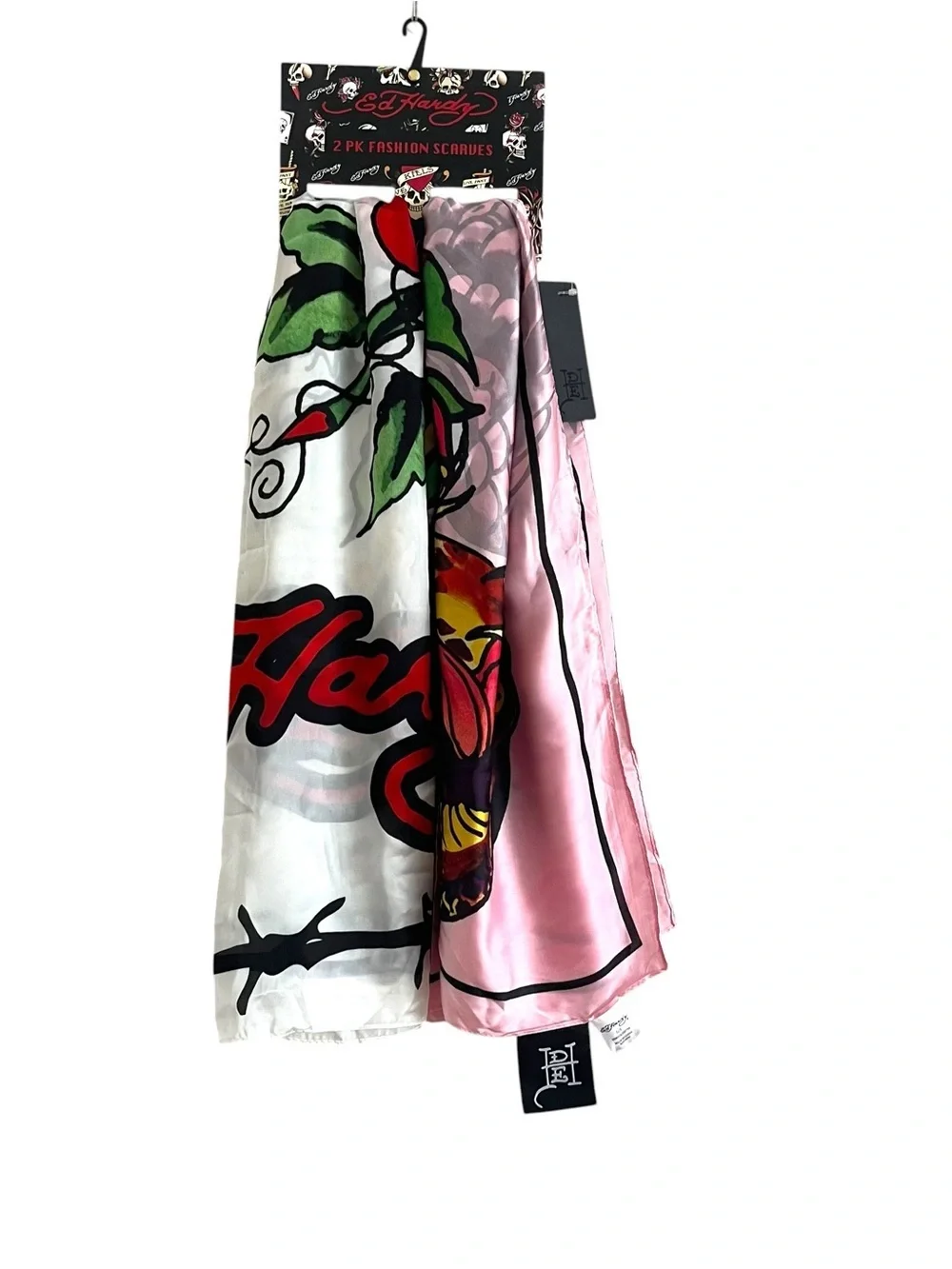 Ed Hardy 2 Piece White and Pink Bandana Scarves Tattoo Skull Tiger Y2K